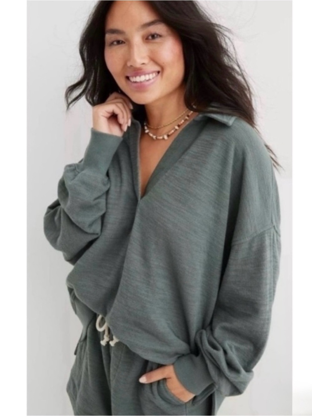 Aerie Deep Sage Green Endless Summer Polo Pullover Sweatshirt Size Medium